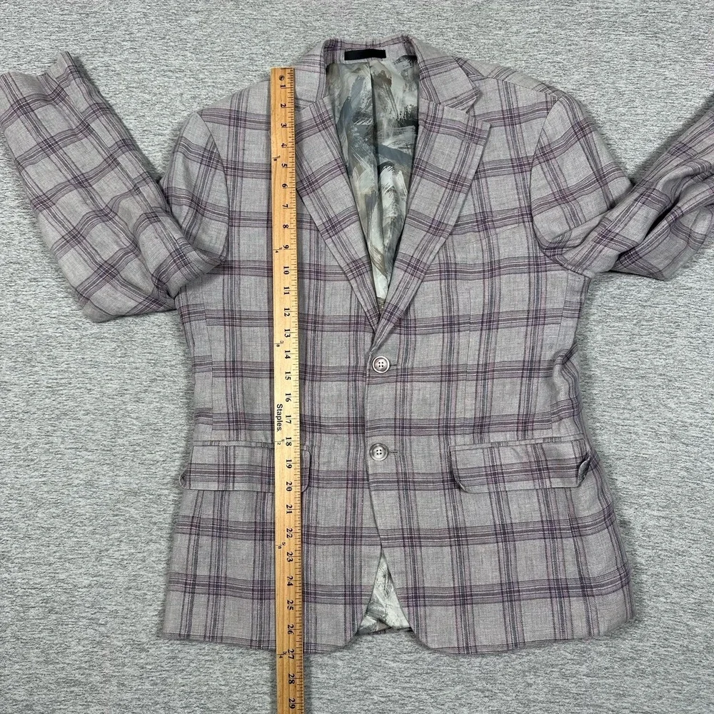 Tallia Blazer Mens Size 38S Purple Plaid 100% Linen Two Button City Jacket